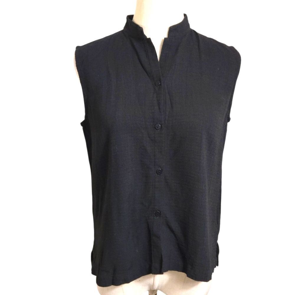 Eileen Fisher Black Sleeveless Mandarin Collar Blouse
